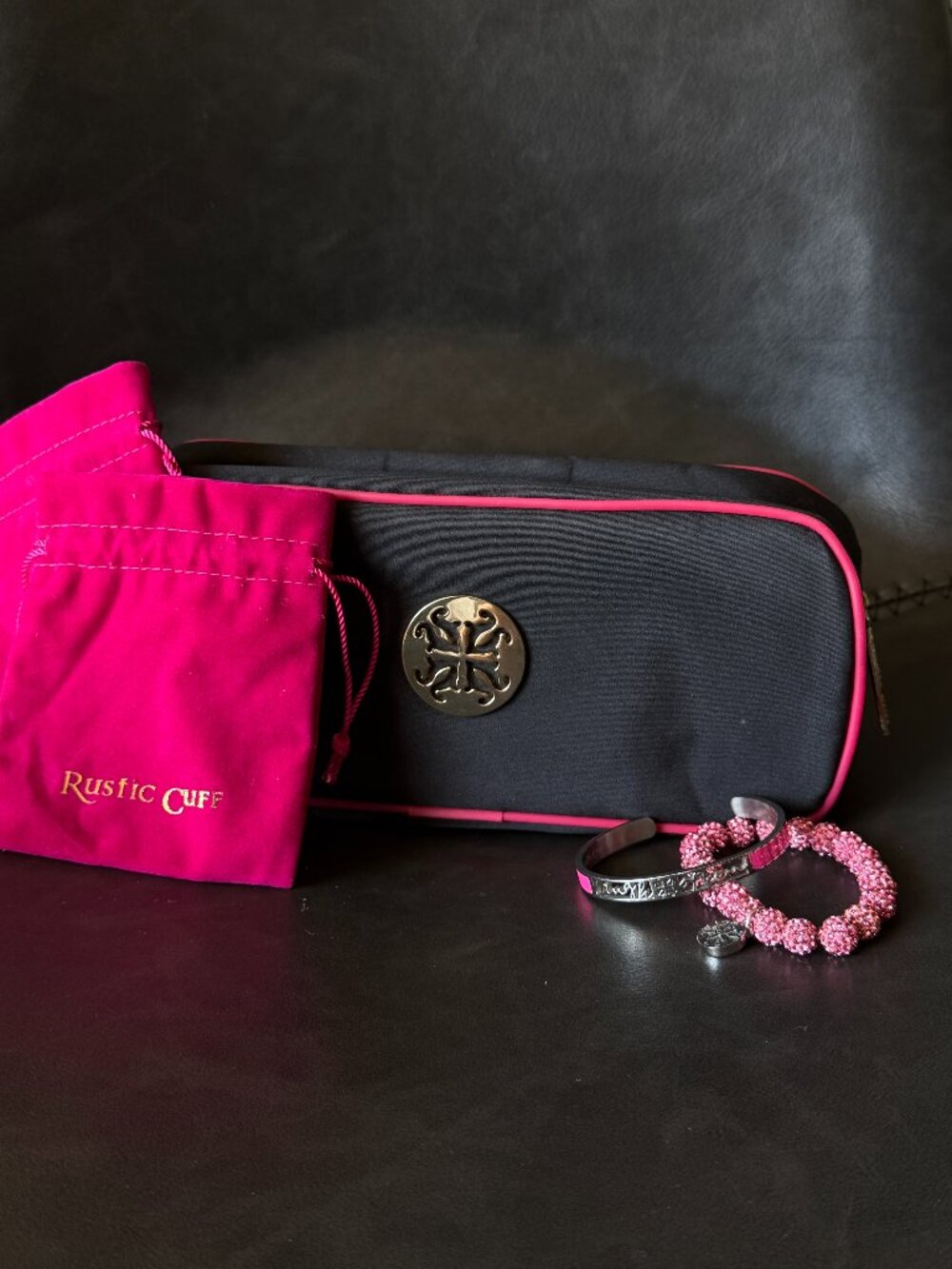 Rustic Cuff Pink Sparkle Bracelet Duo "Laugh Often" Cuff & Crystal Bead Bracelet